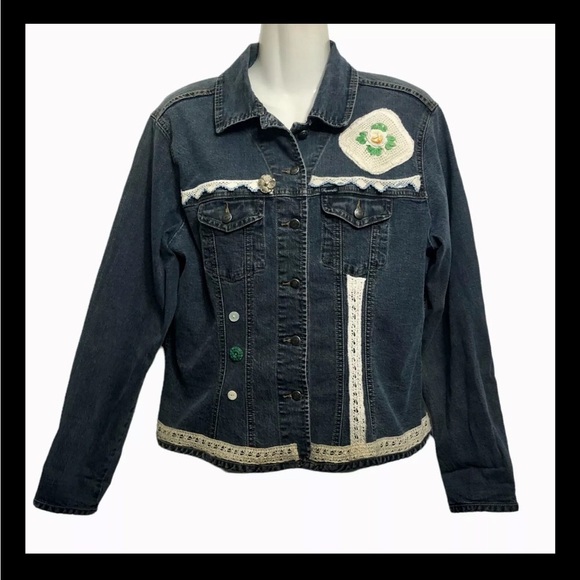 Vintage Upcycled Denim Jean Jacket Hand Embellished Lace Boho Western Large - Picture 6 of 11